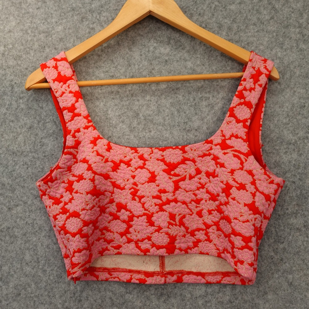Zara Women Large Red Pink Metallic Floral Crop Tank Top Fitted Bustier Embellish - Picture 2 of 12